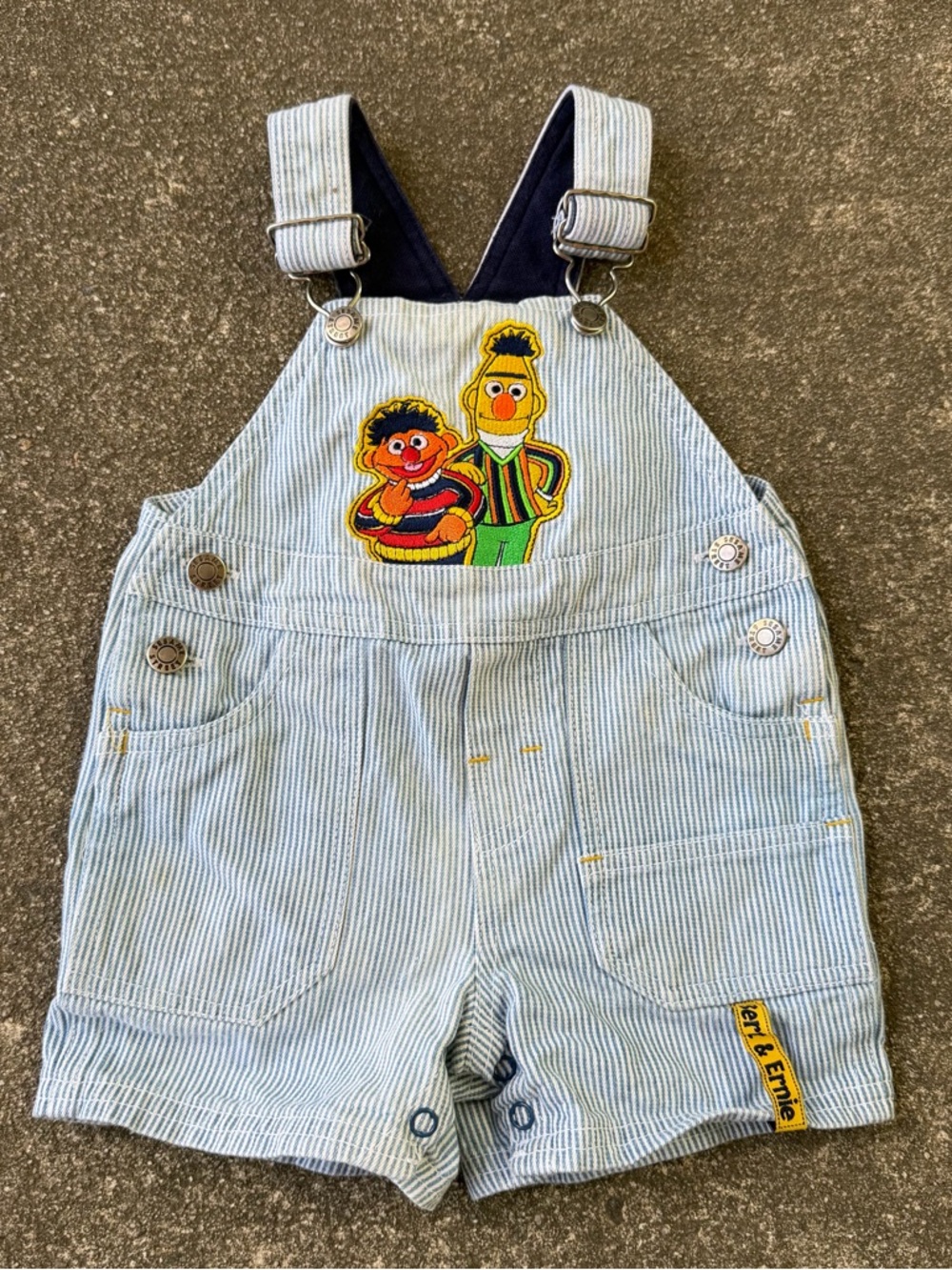 Sesame Street Bert & Ernie Blue White Pinstripe Baby Shortalls Overalls 12M Y2K